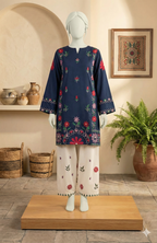 Premium 2-Piece Embroidered Lawn Suit – Navy Blue Kurta with Embroidered Culottes (LEU 5044)