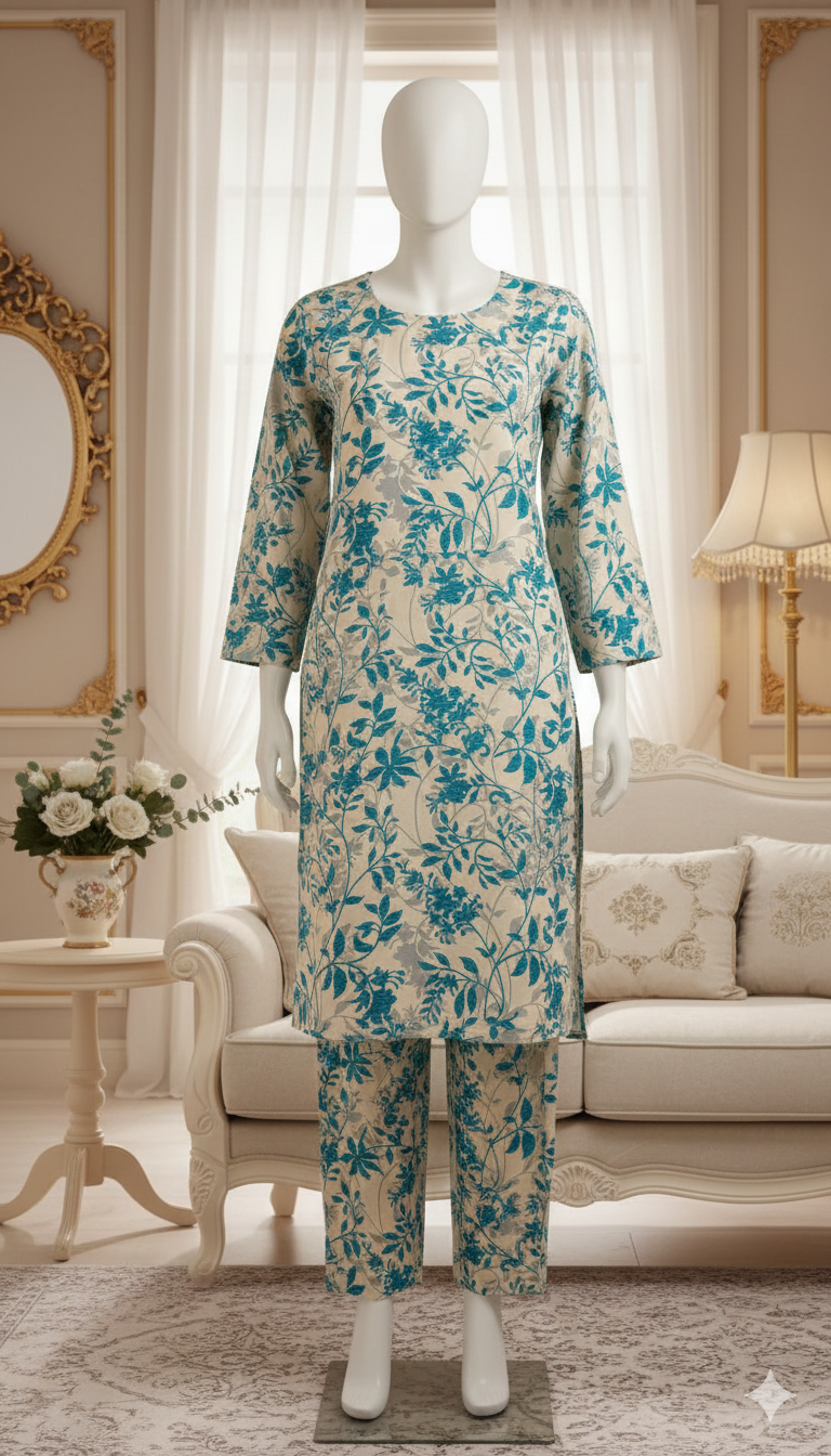 ZH2 Porcelain Teal Vine – 2pc Premium Cotton Unstitched Suit (PCU 5022)
