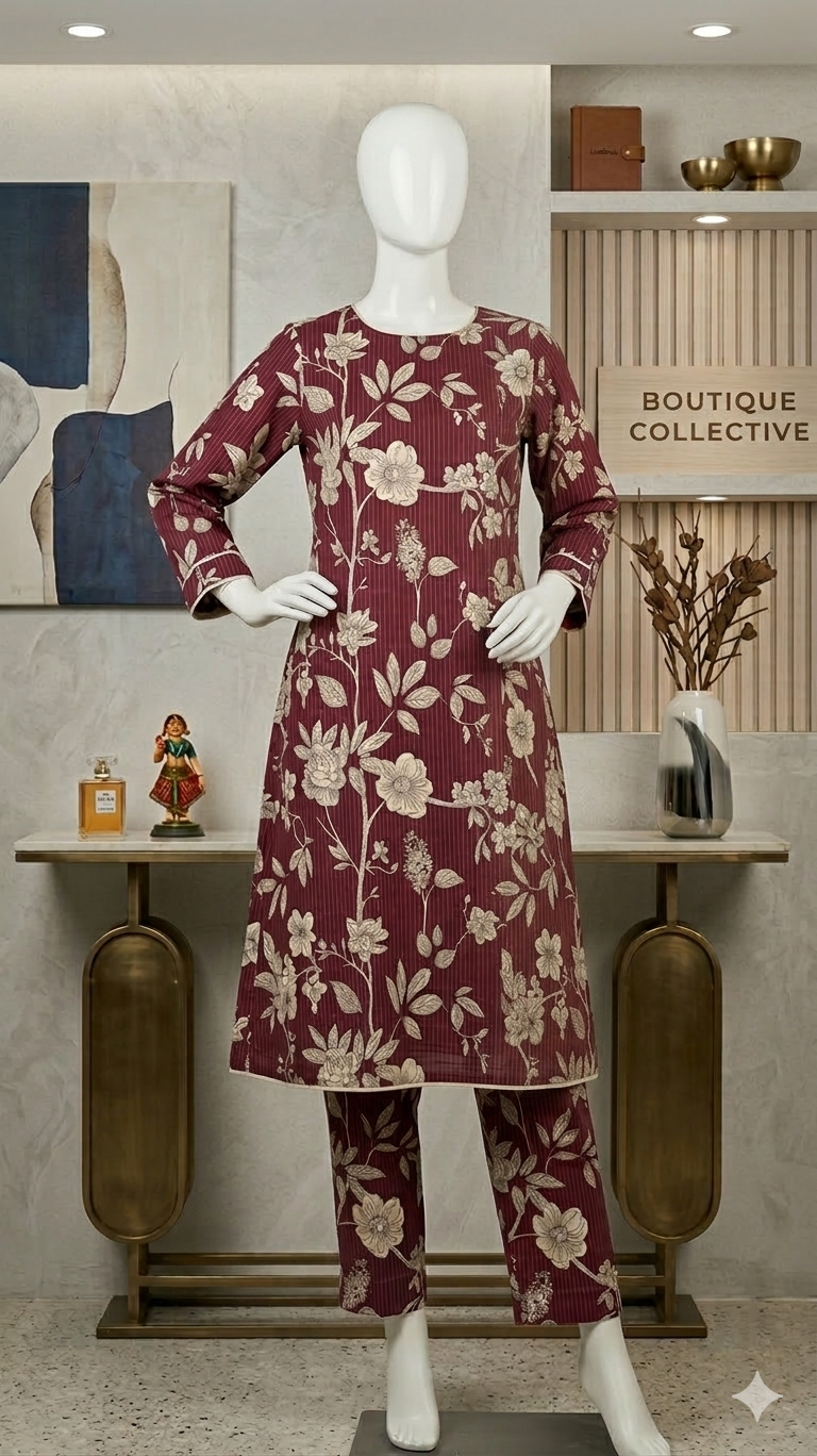 Floral Bloom Ethnic Co-ord Set - 2-Piece Printed Tunic & Trousers (PCU 5022)