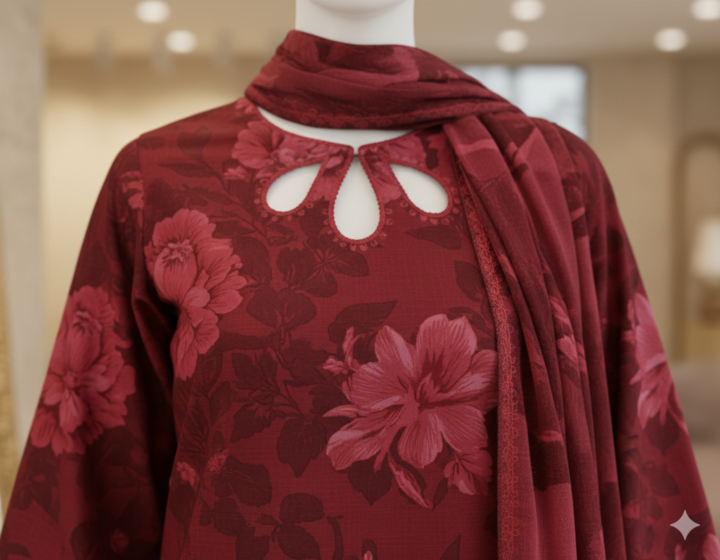 Deep maroon 3-piece suit with tonal floral print and laser-cut lace borders.