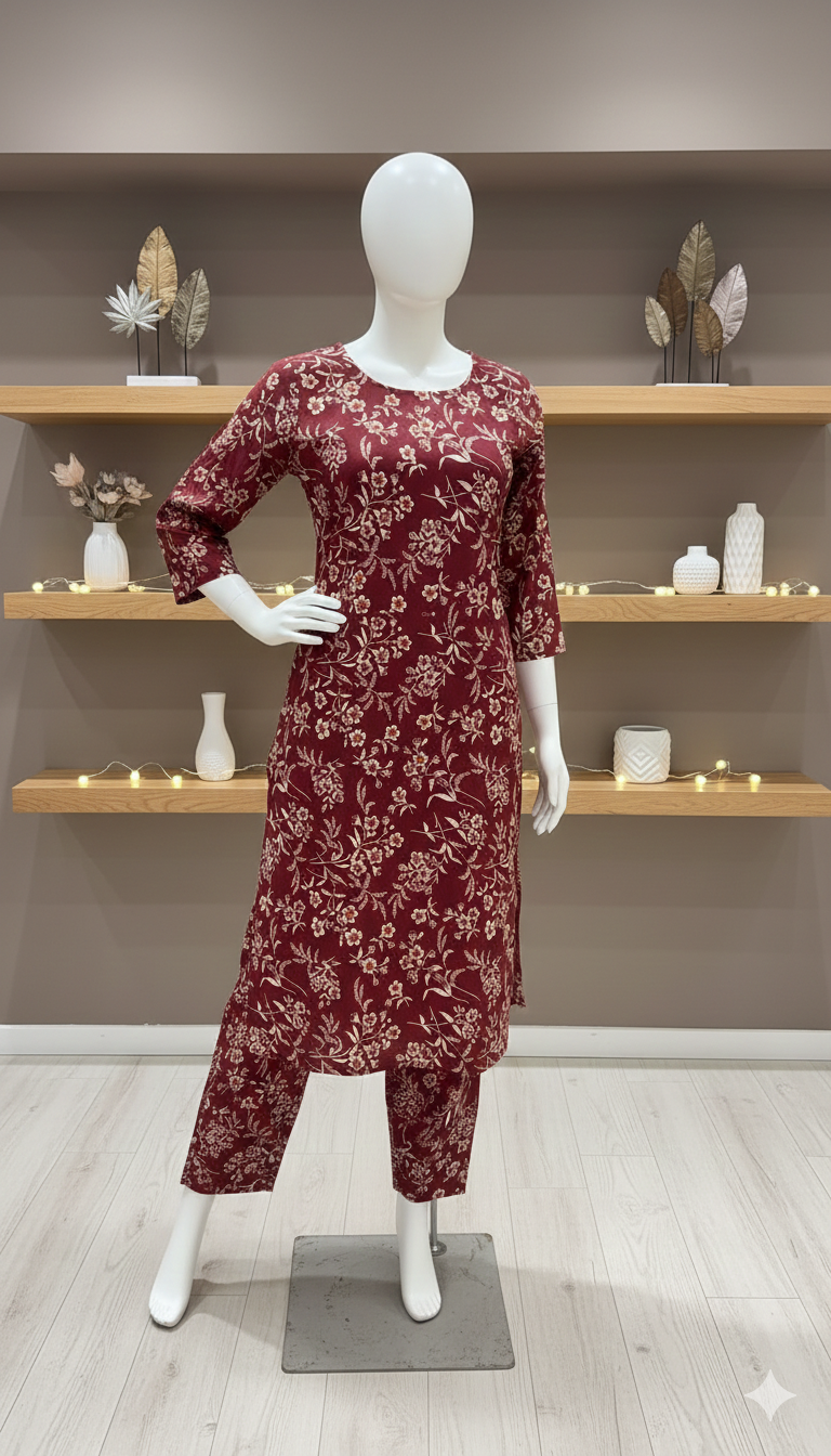 ZH2 Deep Burgundy Wildflower – 2pc Premium Cotton Unstitched Suit (PCU 5022)