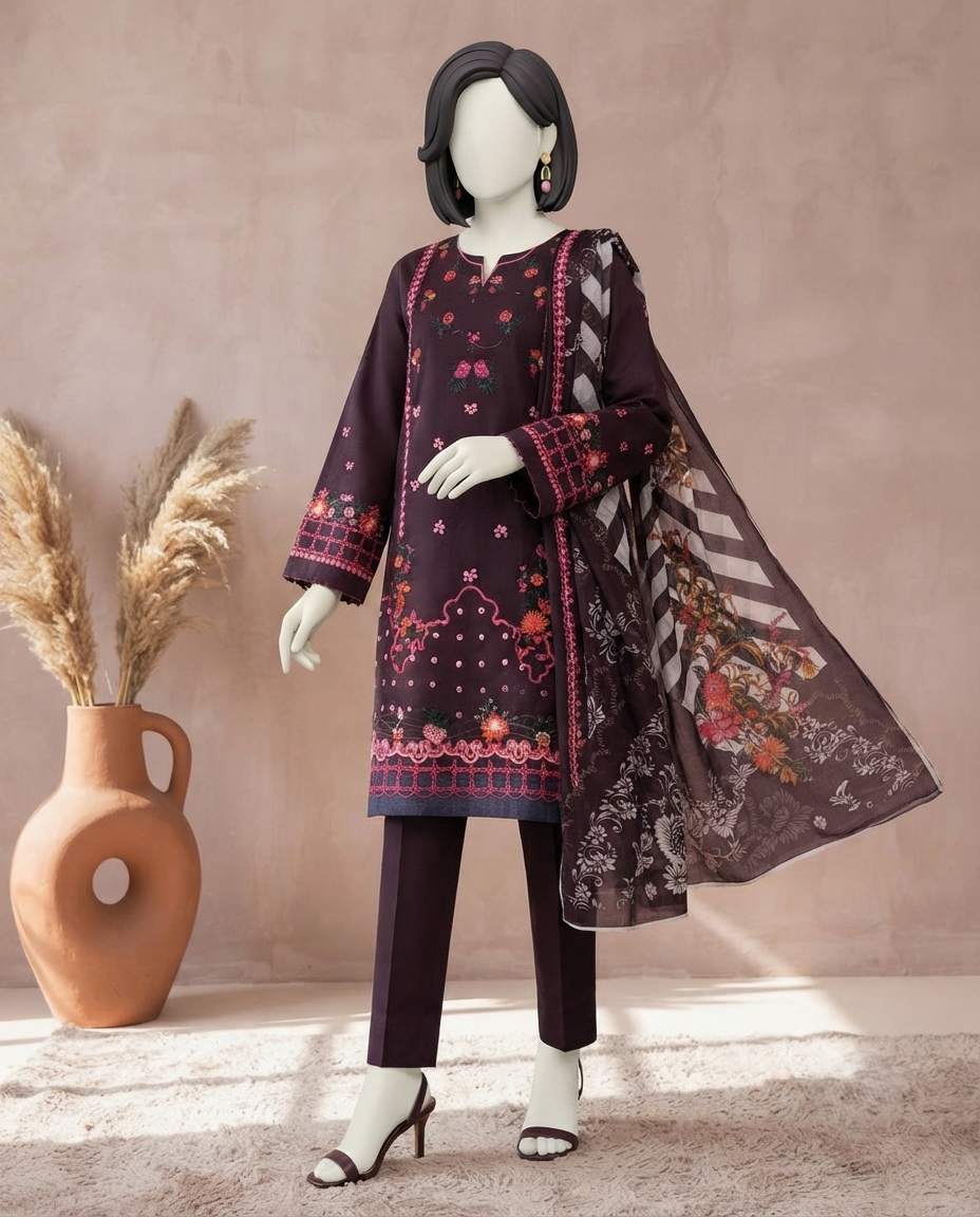 Regal plum 3-piece unstitched embroidered lawn suit with a printed dupatta displayed on a mannequin.