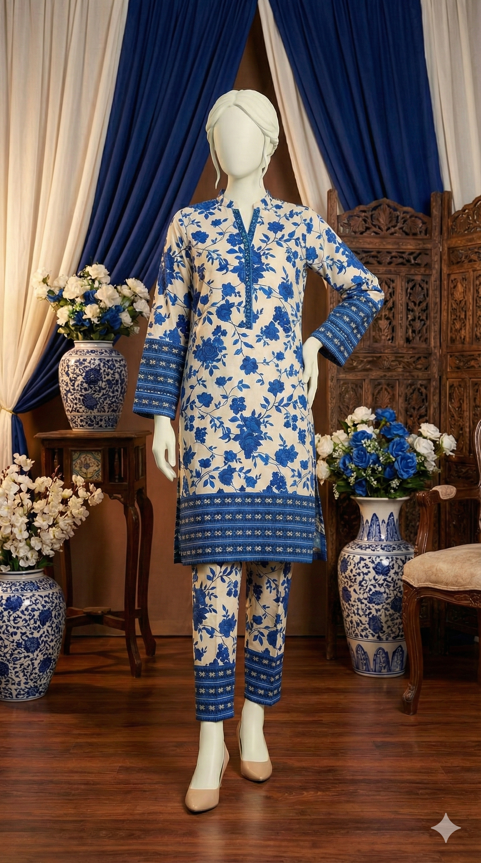 ZH2 Garden Suit | Blue & Cream Unstitched Cotton (PCU 5023)