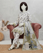 Olive and white 3-piece unstitched embroidered lawn suit with a floral printed dupatta displayed on a mannequin.