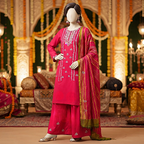 Fuchsia pink 3-piece unstitched embroidered lawn suit with a striking dupatta displayed on a mannequin.
