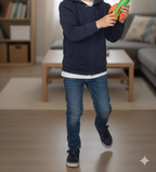 Unisex Navy Blue Tailored Hooded Jacket | Military Style Button-Up Sweatshirt | Structured Casual Layering Top | Puff Shoulder Detail