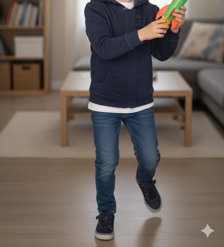 Unisex Navy Blue Tailored Hooded Jacket | Military Style Button-Up Sweatshirt | Structured Casual Layering Top | Puff Shoulder Detail