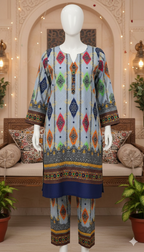 Zh2 Azure Mosaic Suit | Blue Geometric Ikat Unstitched Cotton (PCU 5023)