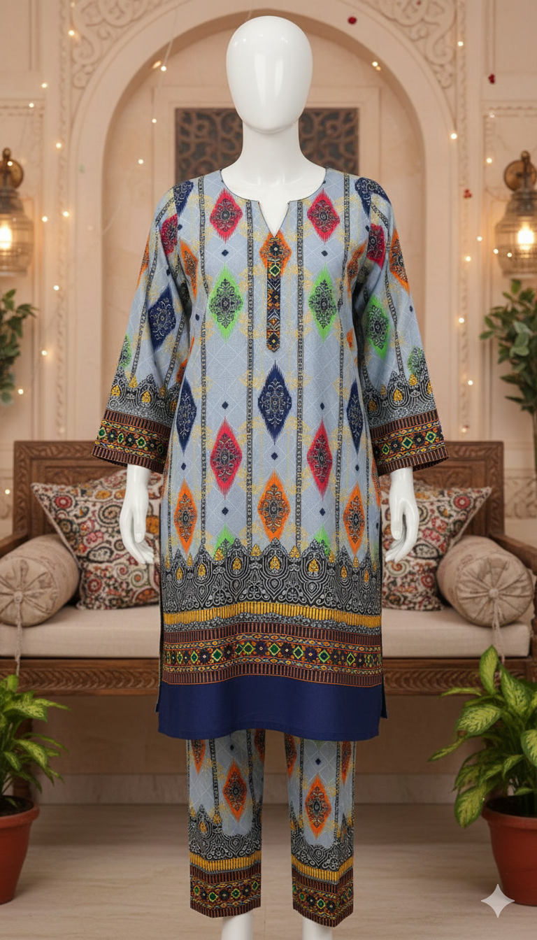 Zh2 Azure Mosaic Suit | Blue Geometric Ikat Unstitched Cotton (PCU 5023)