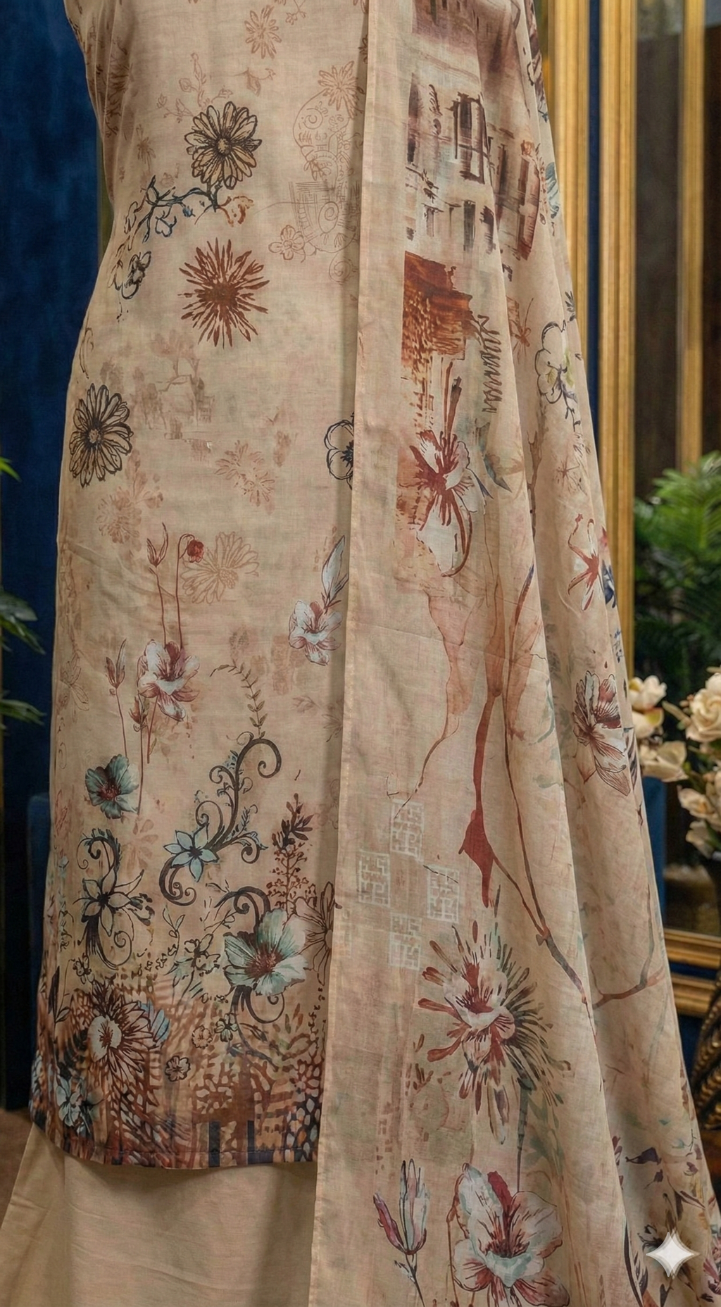 Floral patterned fabric with intricate designs on a neutral background