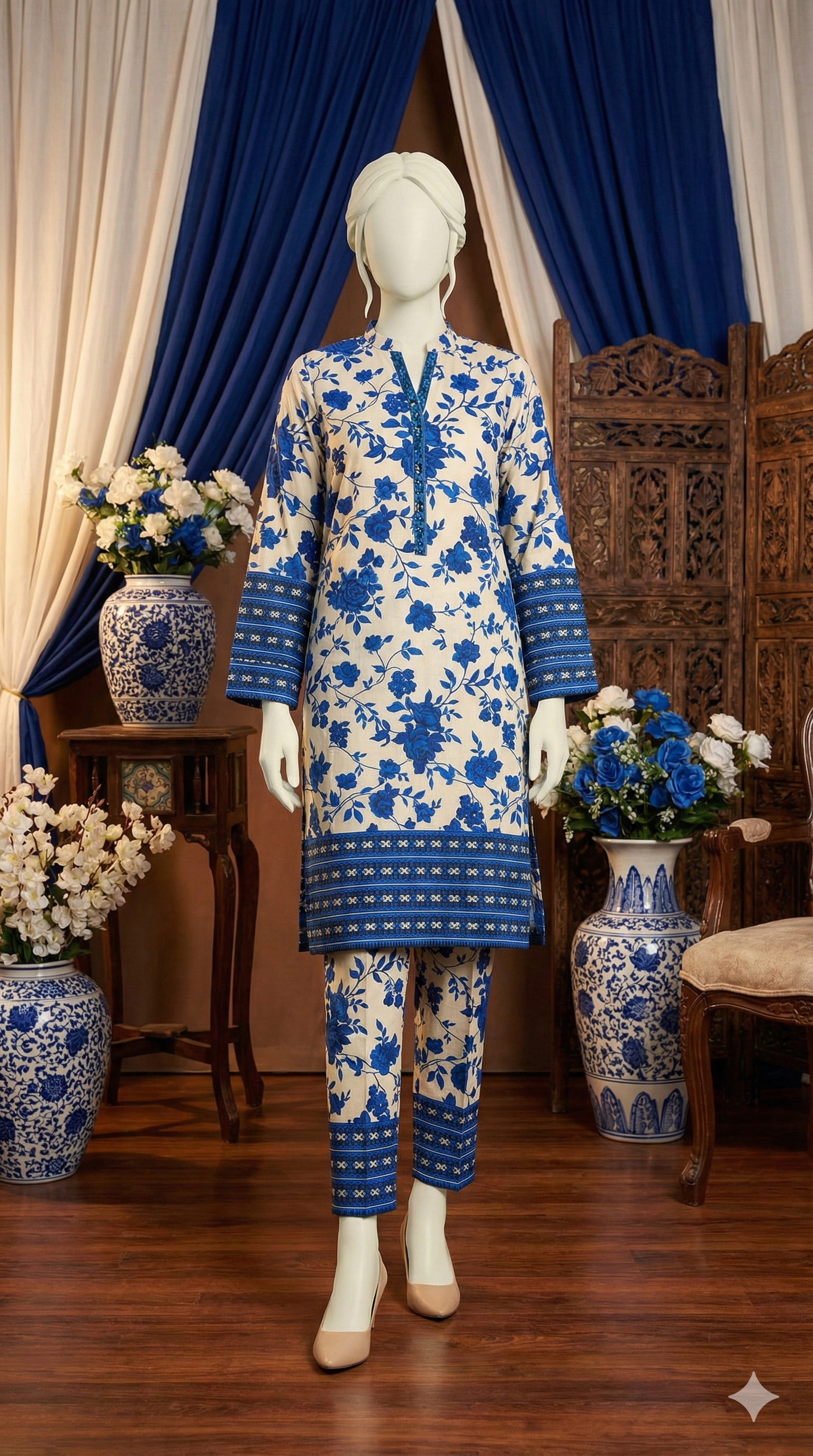 ZH2 Garden Suit | Blue & Cream Unstitched Cotton (PCU 5023)