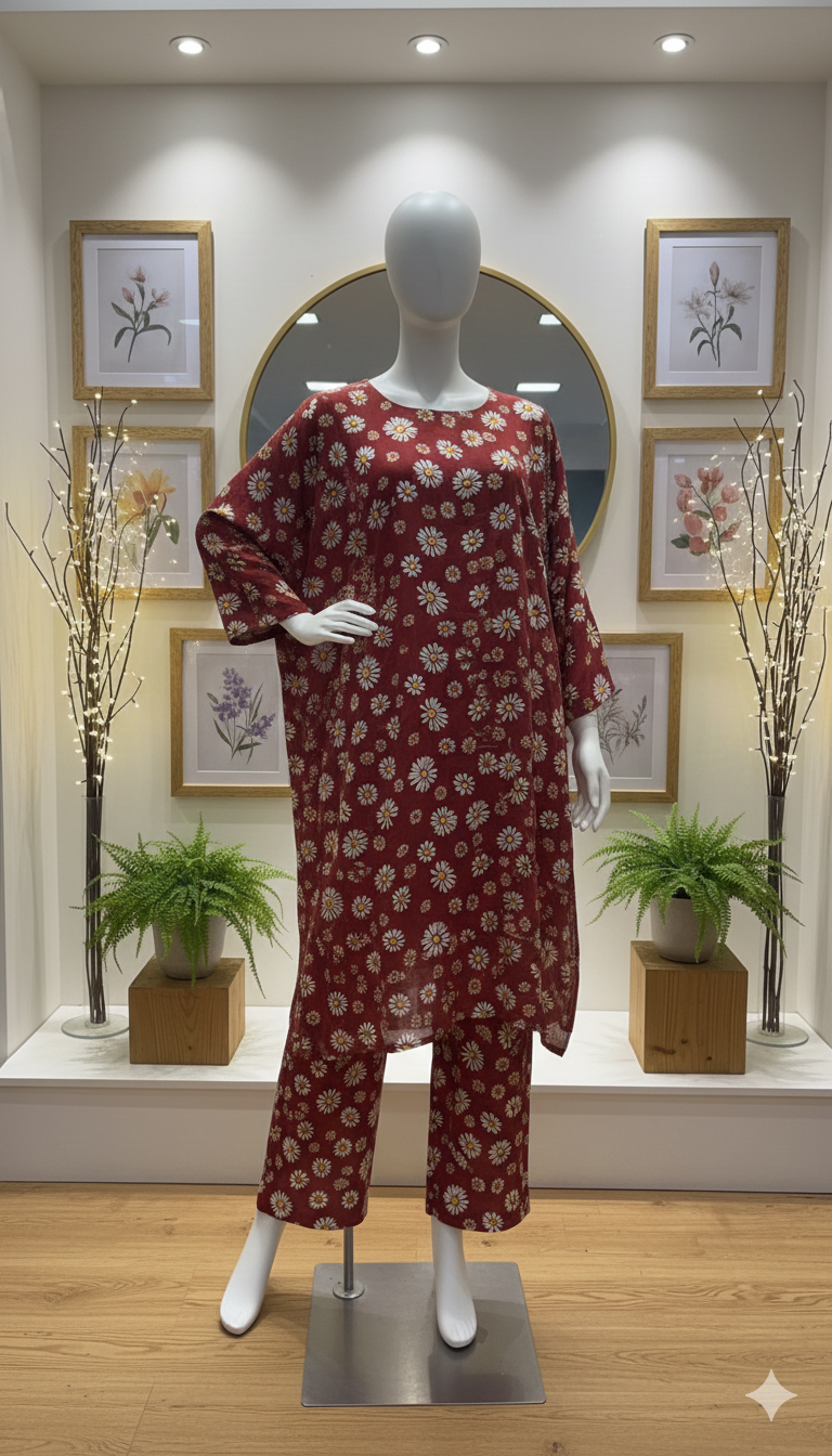 ZH2 Rustic Red Daisy – 2pc Premium Cotton Unstitched Suit (PCU 5022)