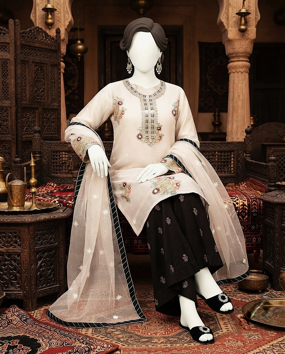3-piece unstitched embroidered lawn suit with a matching trouser and dupatta displayed on a mannequin.