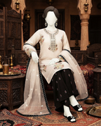 3-piece unstitched embroidered lawn suit with a matching trouser and dupatta displayed on a mannequin.