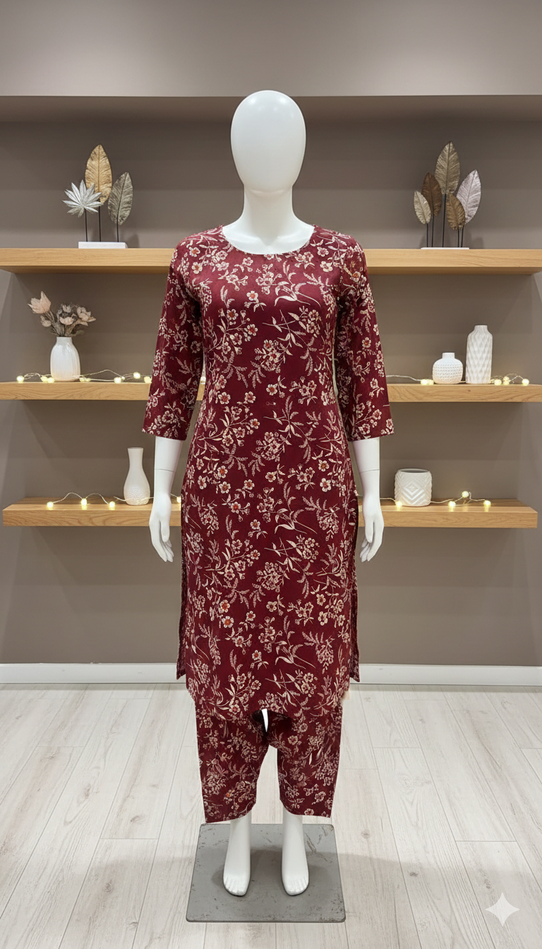 ZH2 Deep Burgundy Wildflower – 2pc Premium Cotton Unstitched Suit (PCU 5022)