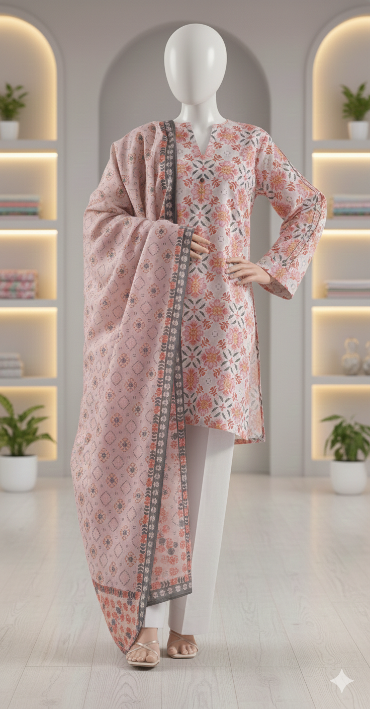 Blushing Meadow: Premium Floral Unstitched Lawn 3-Piece Suit (LPU 5062)