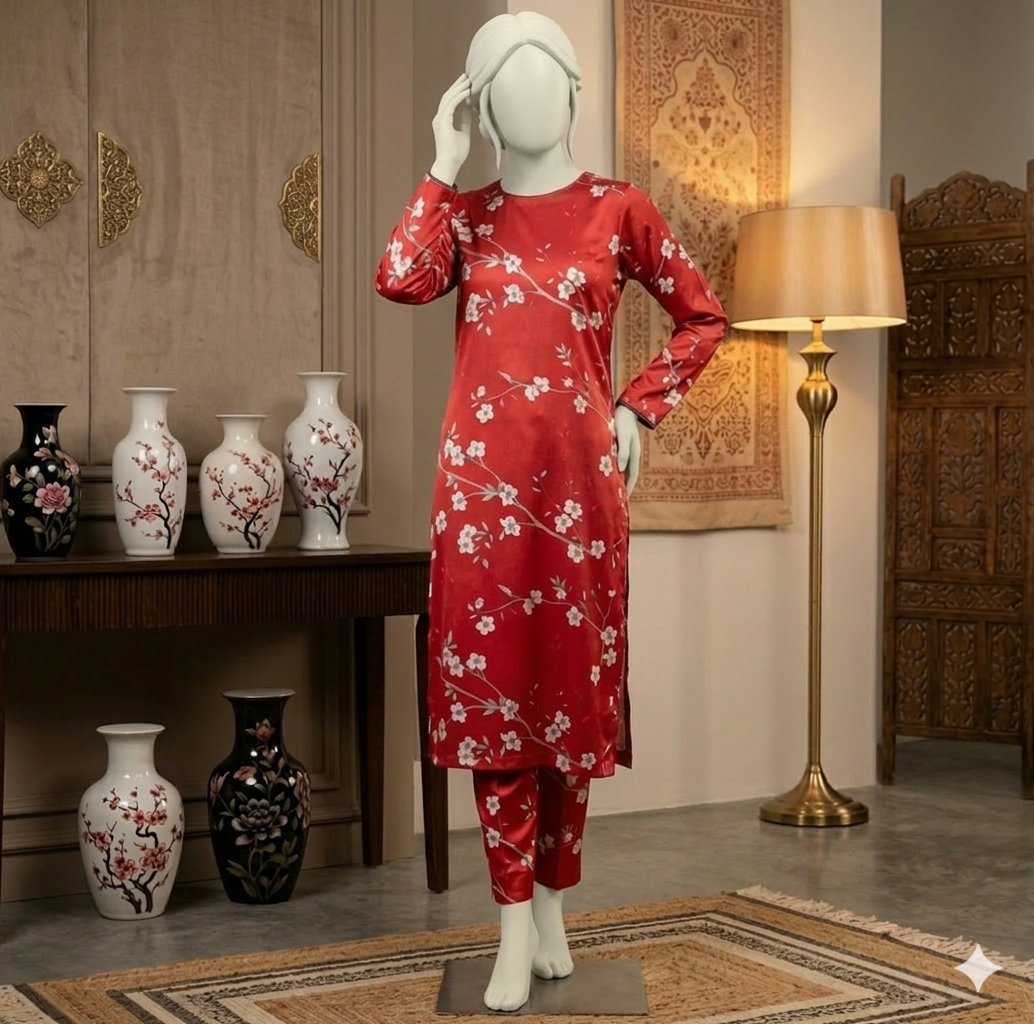 Red & Cream Floral Print Cotton Suit - 2 Piece (PCU 5022)