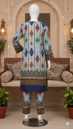 Zh2 Azure Mosaic Suit | Blue Geometric Ikat Unstitched Cotton (PCU 5023)