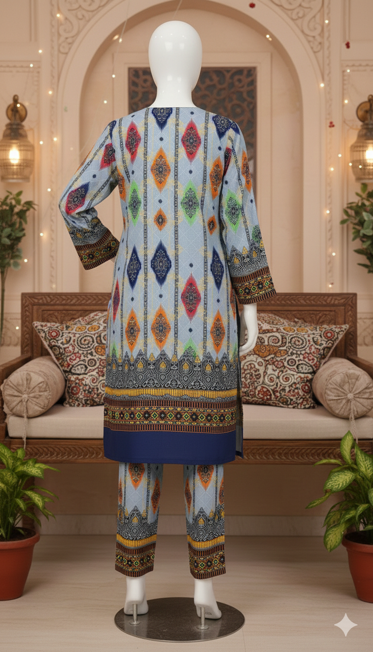 Zh2 Azure Mosaic Suit | Blue Geometric Ikat Unstitched Cotton (PCU 5023)