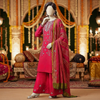 Fuchsia pink 3-piece unstitched embroidered lawn suit with a striking dupatta displayed on a mannequin.