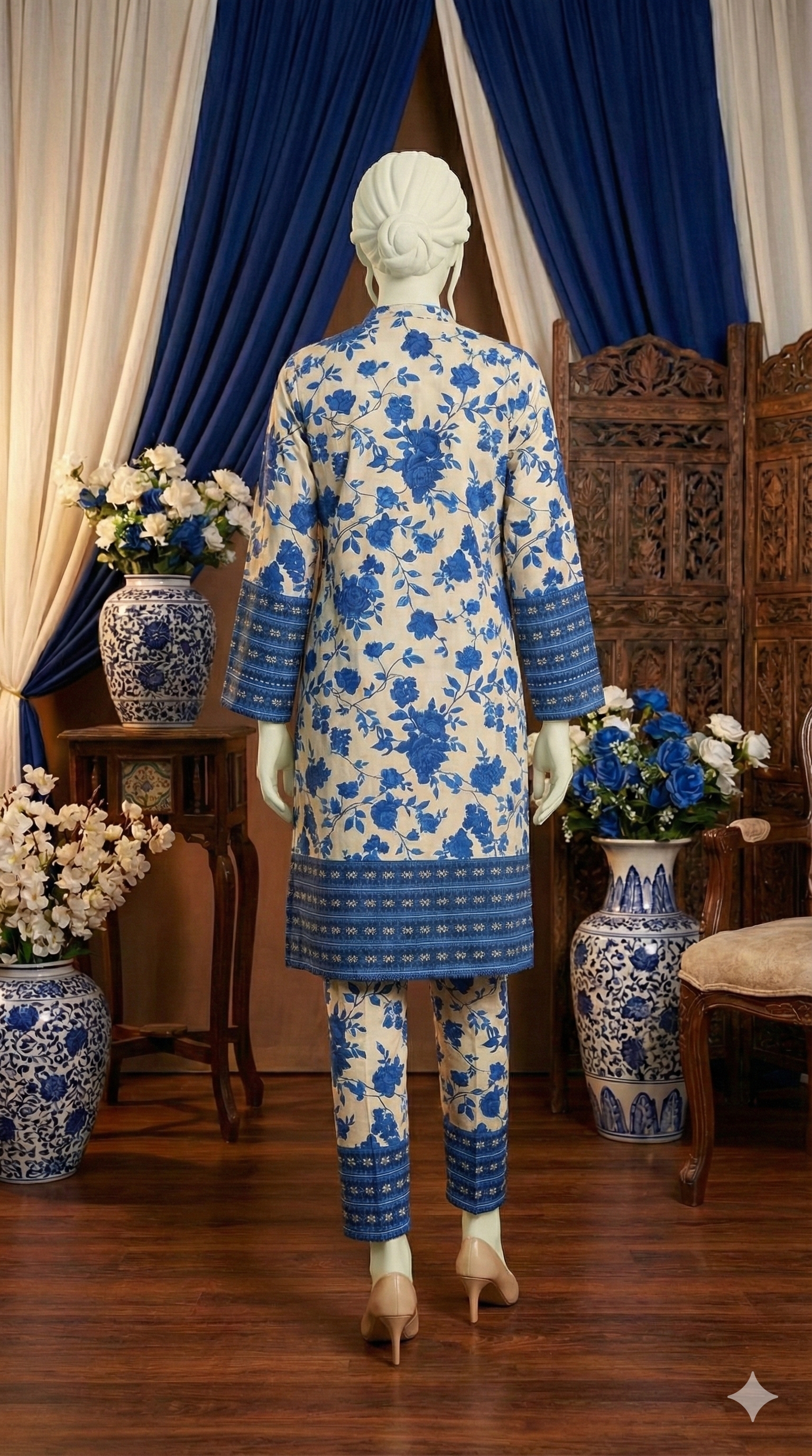 ZH2 Garden Suit | Blue & Cream Unstitched Cotton (PCU 5023)