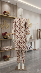 Women's Cream & Maroon Floral Co-ord Set - Cotton-Blend Ethnic Suite (PCU 5022)