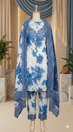 Beige & Maroon Embroidered Suit with Intricate Cutwork Lace Border (LEU 5053)