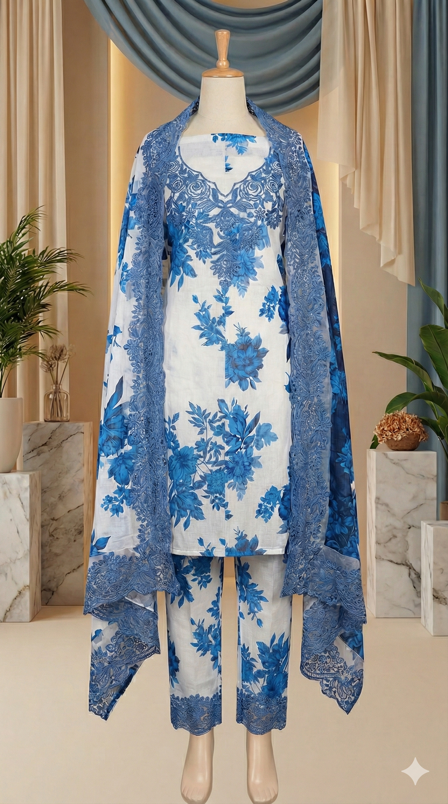 Beige & Maroon Embroidered Suit with Intricate Cutwork Lace Border (LEU 5053)