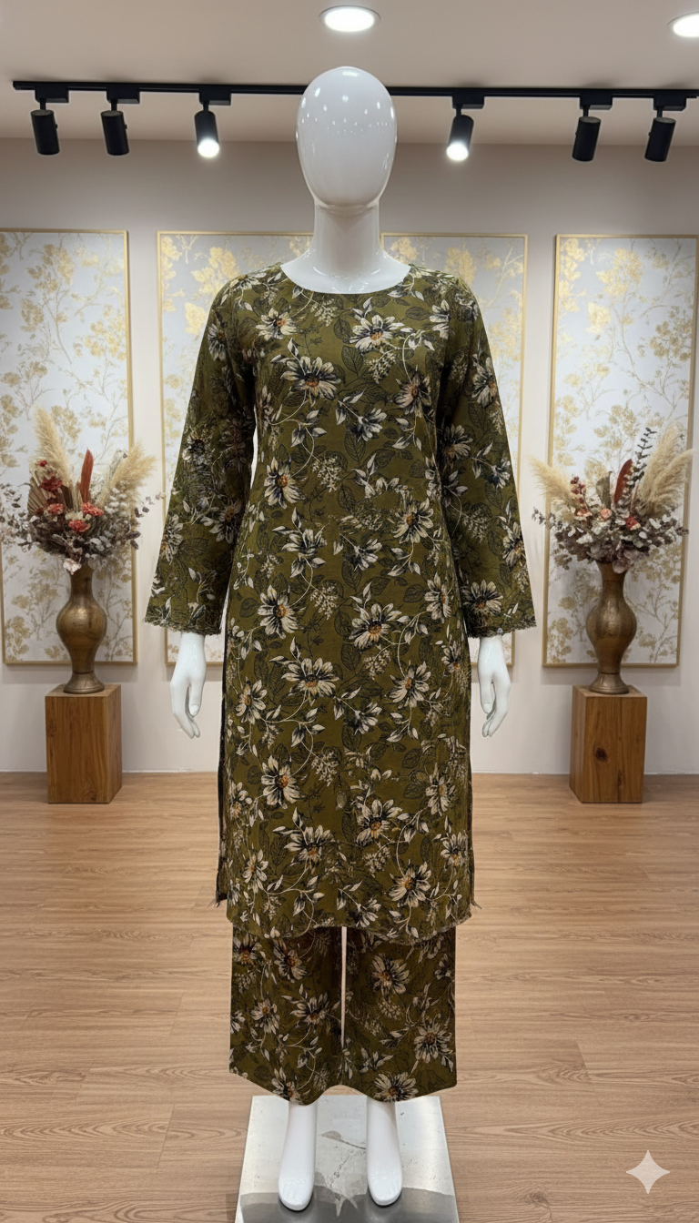 ZH2 Vintage Olive Garden – 2pc Premium Cotton Unstitched Suit (PCU 5022)