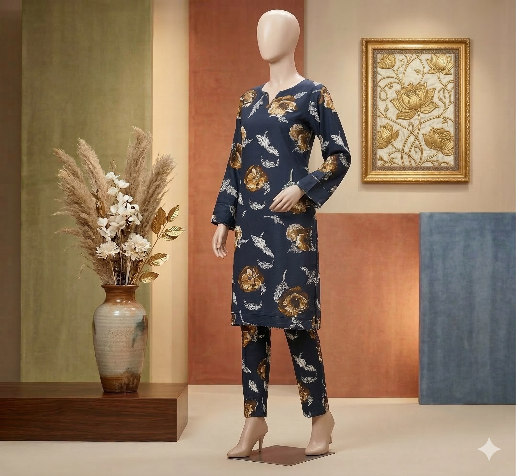 Midnight Navy Floral Print 2-Piece Co-ord Set – Cotton Kurta & Trouser (PCU 5022)