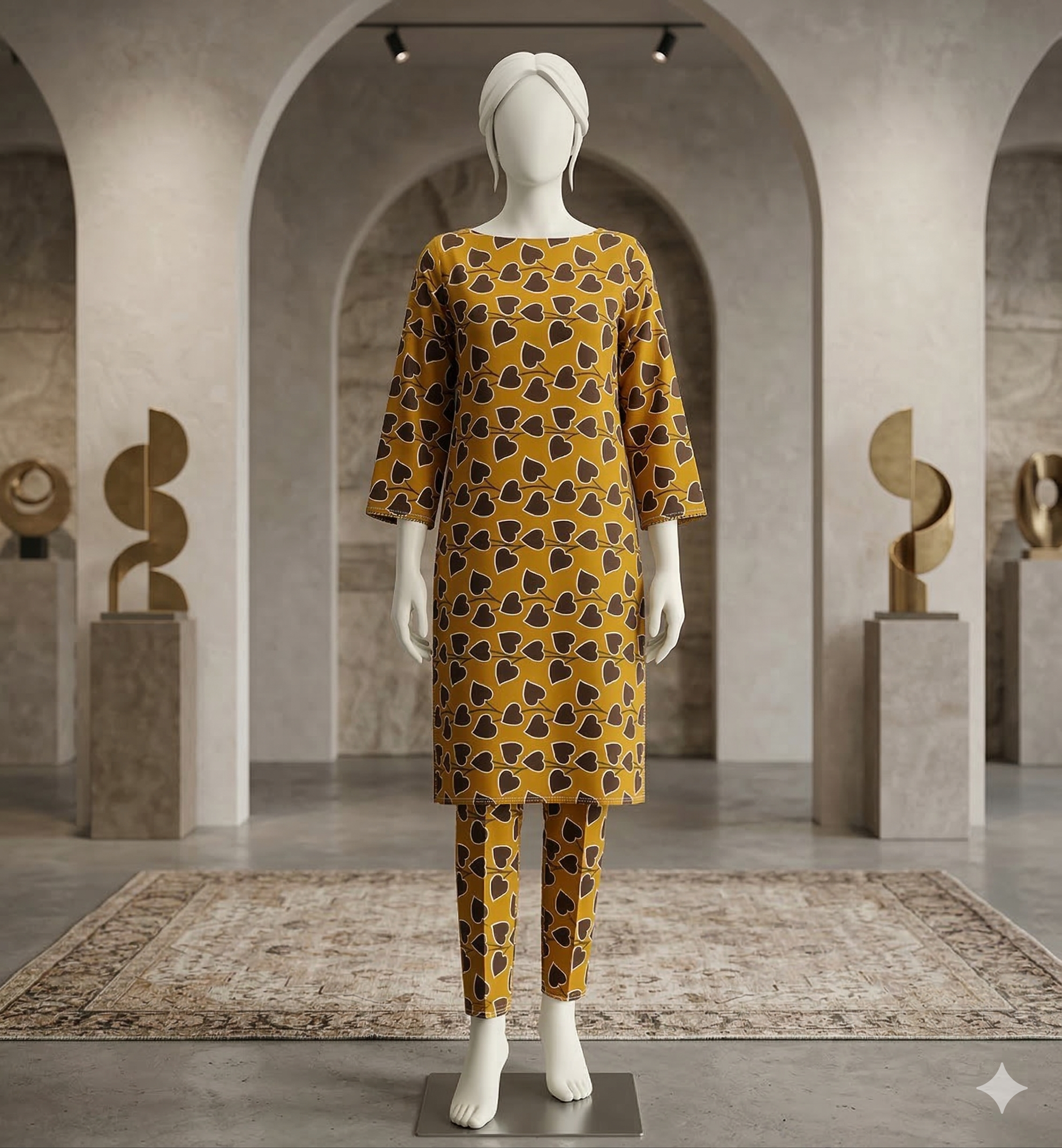 Saffron Leaf Modern Co-ord Set – Mustard & Cocoa Printed Kurta with Matching Trousers (PCU 5022)