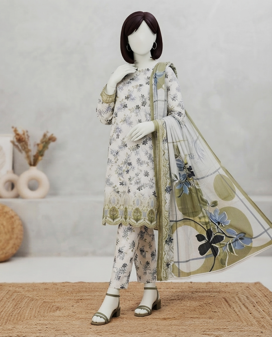 Olive and white 3-piece unstitched embroidered lawn suit with a floral printed dupatta displayed on a mannequin.