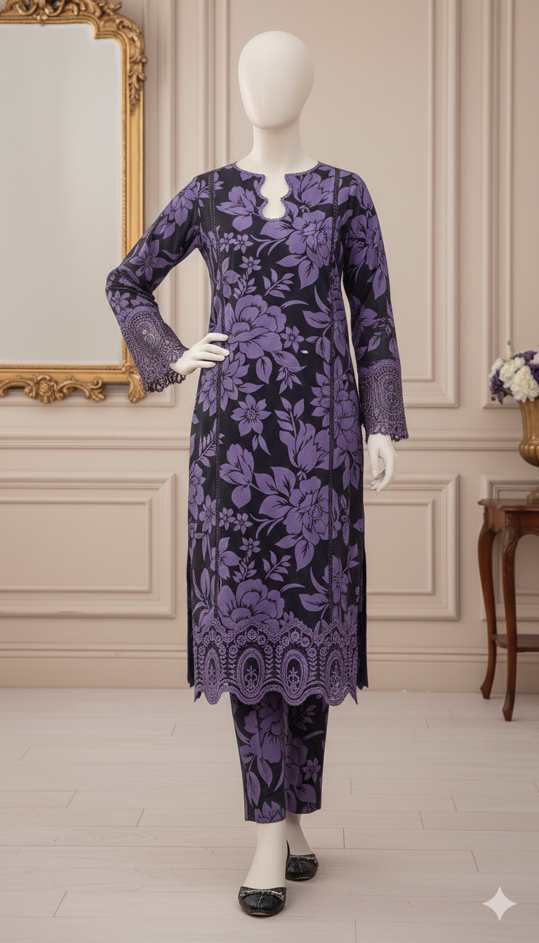 Lavender Bloom 3-Piece Unstitched Embroidered Lawn Suit – Floral Elegance  (LEU 5040)