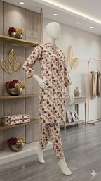 Women's Cream & Maroon Floral Co-ord Set - Cotton-Blend Ethnic Suite (PCU 5022)