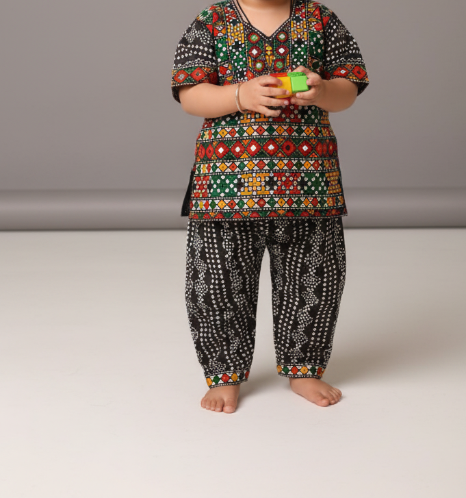 Girls' Traditional Embroidered Shalwar Kameez Set | Multi-Color Geometric Kurta Pajama | Festive Ethnic Wear | Sindhi/Balochi Style Children's Outfit (1032)