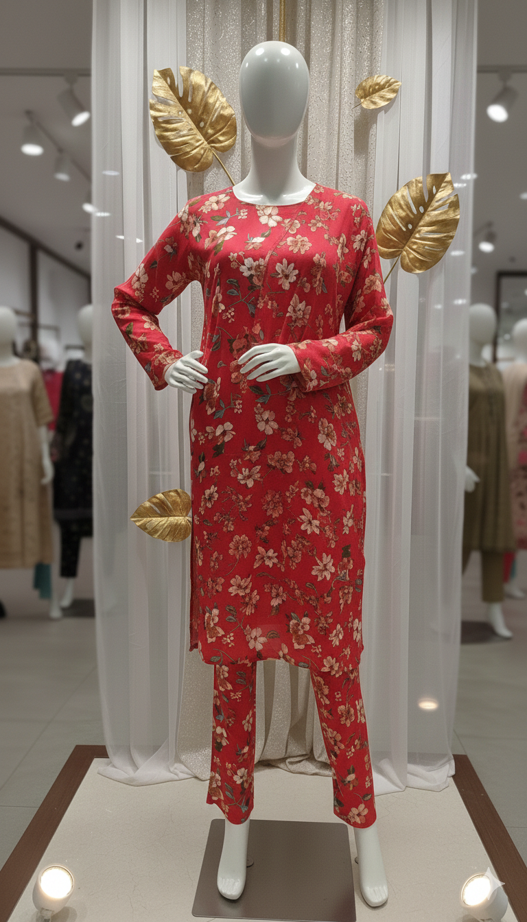 ZH2 Scarlet Blossom Garden – 2pc Premium Cotton Unstitched Suit (PCU 5022)