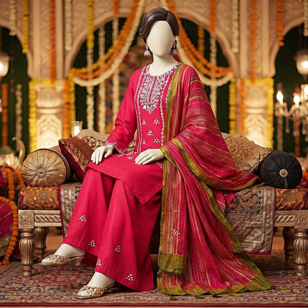 Fuchsia pink 3-piece unstitched embroidered lawn suit with a striking dupatta displayed on a mannequin.