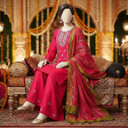Fuchsia pink 3-piece unstitched embroidered lawn suit with a striking dupatta displayed on a mannequin.