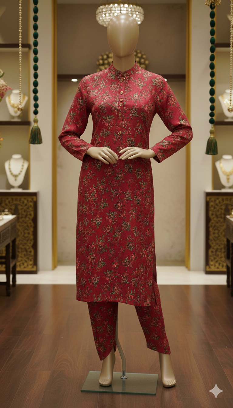 Ruby Radiance Floral Kurti Set – 3-Piece Festive Wear (PCU 5022)