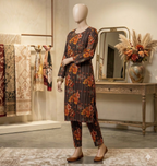 Autumn Floral Pinstripe Kurta Set – 2-Piece Printed Tunic & Trouser Suit (PCU 5022)