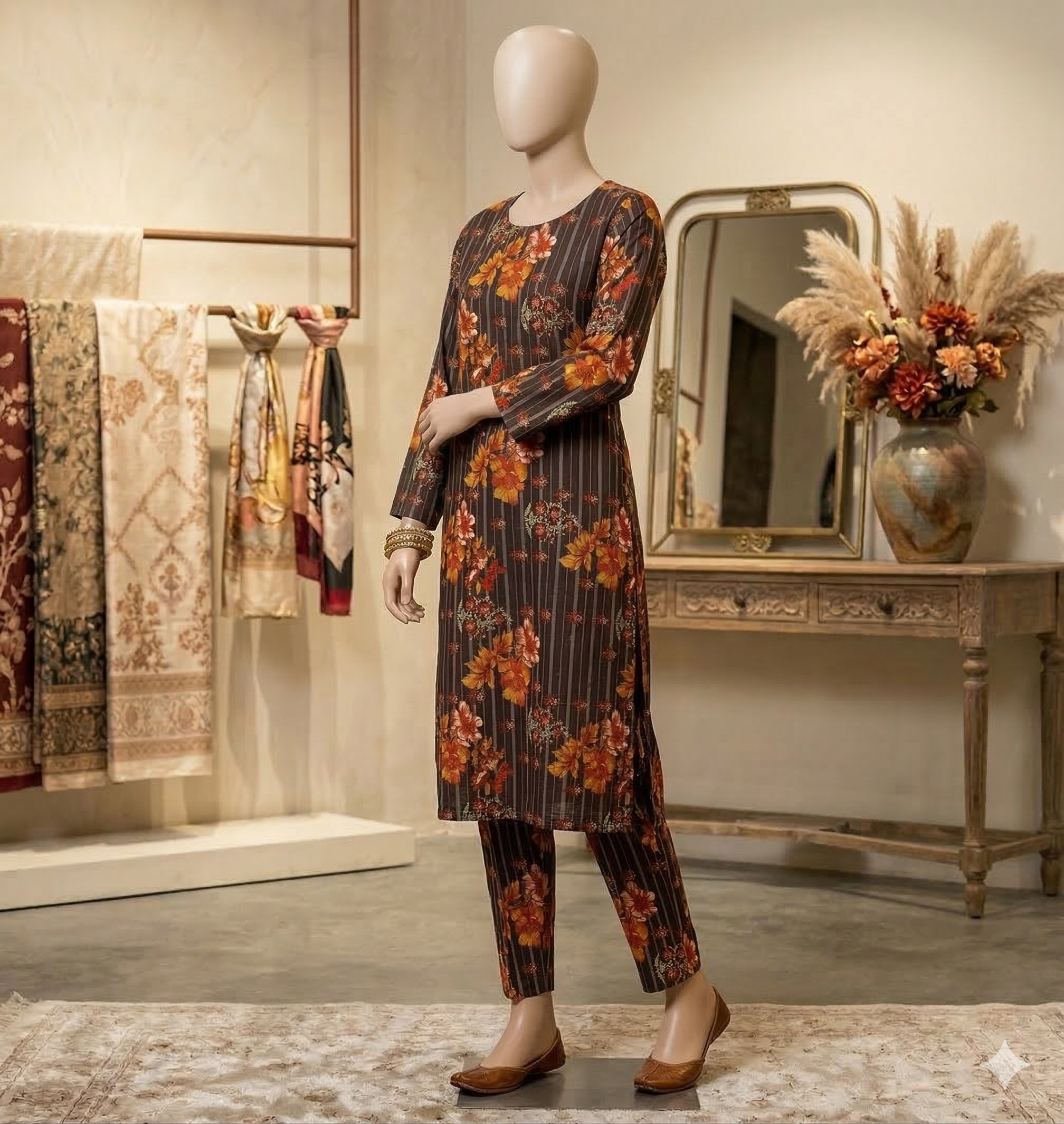 Autumn Floral Pinstripe Kurta Set – 2-Piece Printed Tunic & Trouser Suit (PCU 5022)