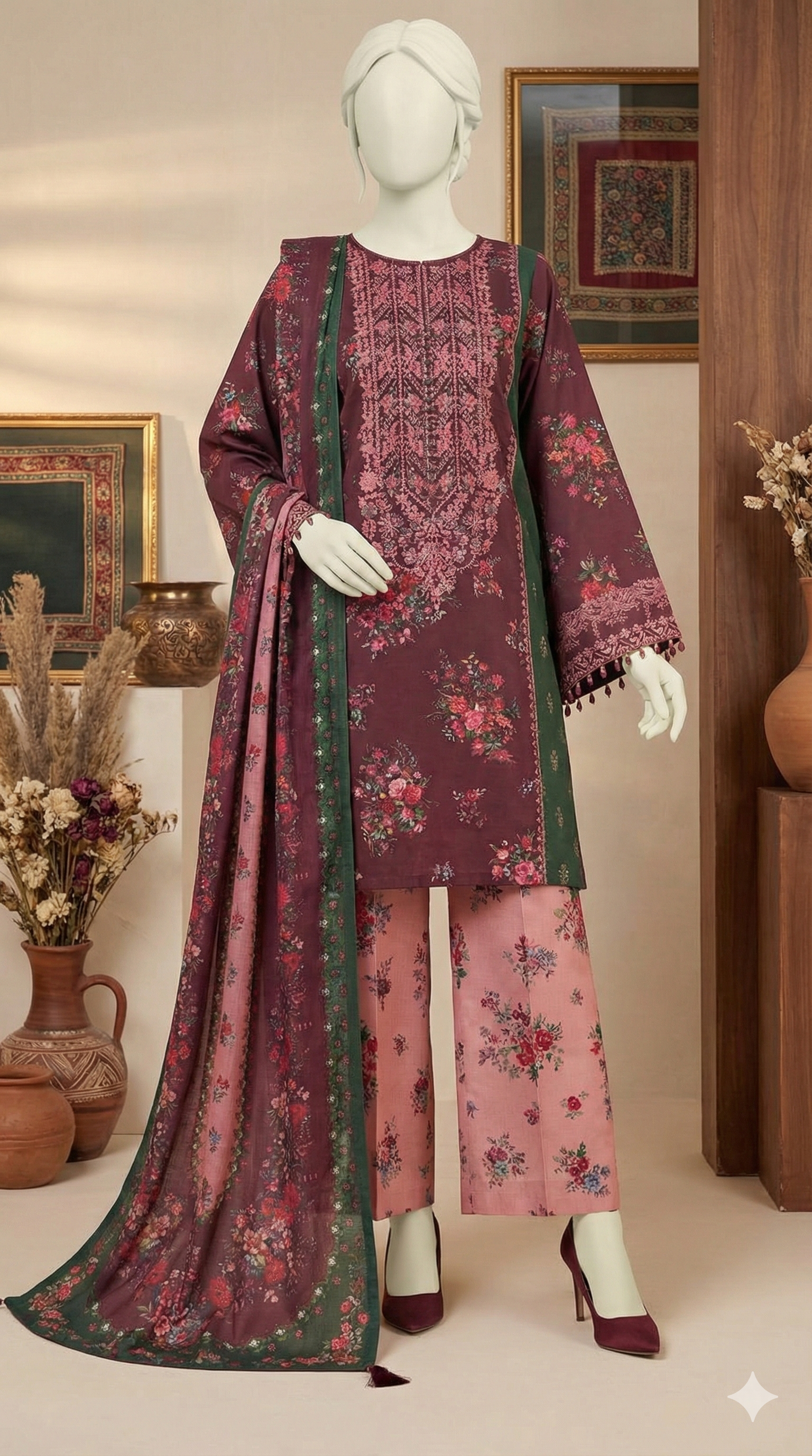 3-Piece Unstitched Embroidered Lawn Suit –  Floral Edition (LEU 5055)