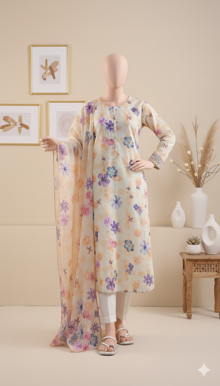 Lavender Blossom: Premium Printed Lawn Unstitched 3-Piece Suit (LPU 5063)