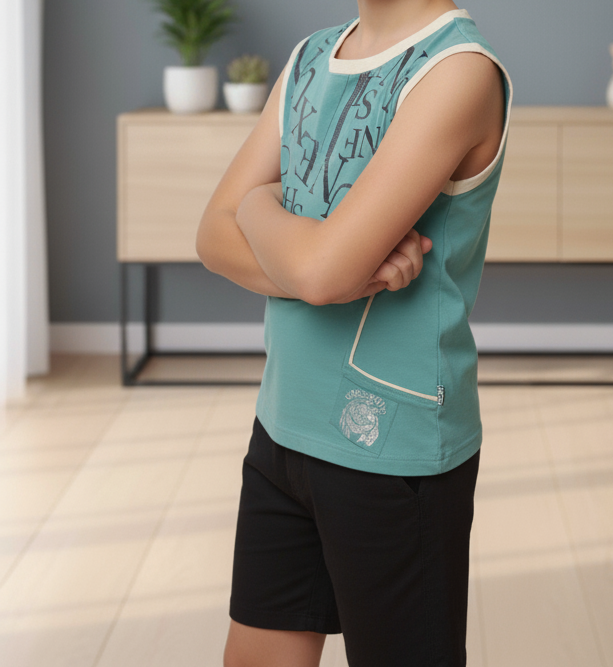 Kids' Aqua Sleeveless Tank Top | Urban Letter Graphic Print with Contrast Trim (1021)