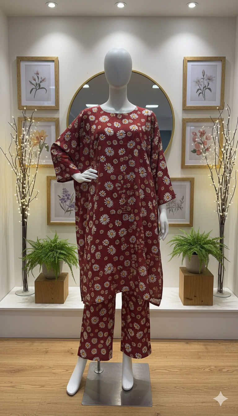 ZH2 Rustic Red Daisy – 2pc Premium Cotton Unstitched Suit (PCU 5022)