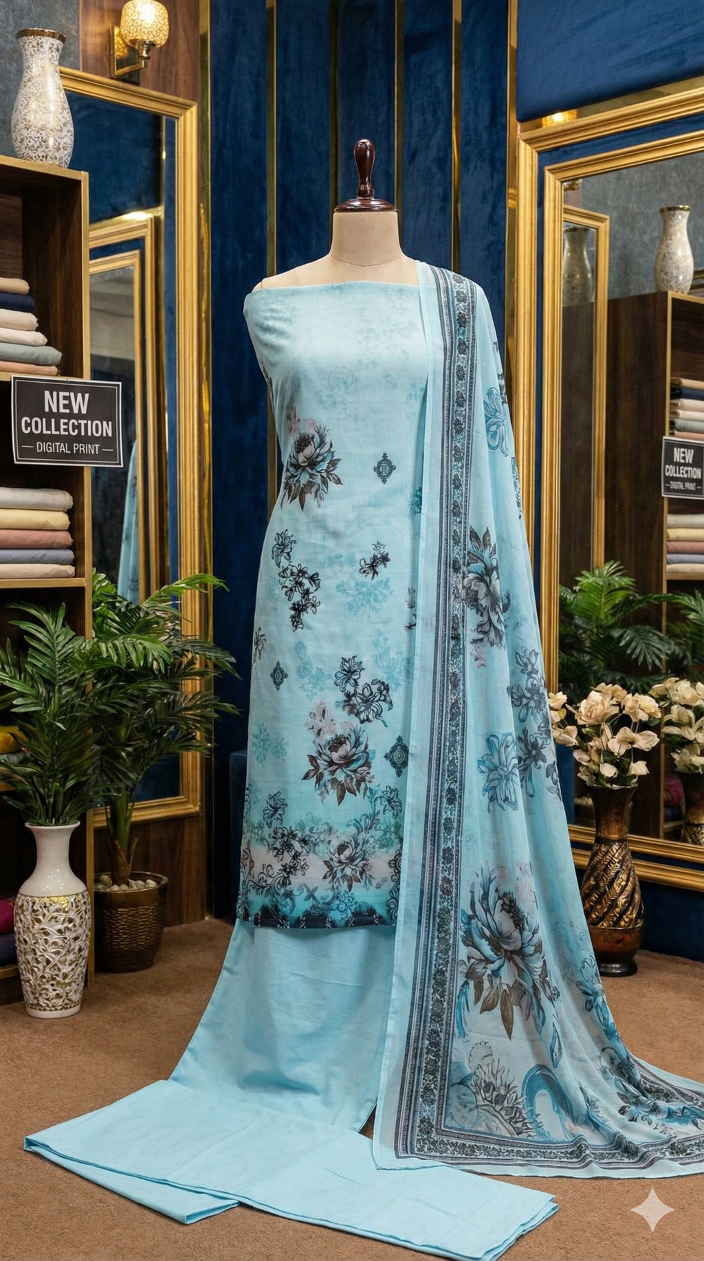 Close up of [Color] 3-piece unstitched digital print lawn suit with floral patterns - 2026 Summer Collection"