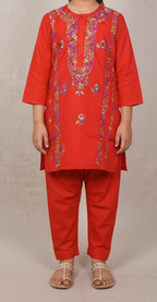 Girls' Festive Red Embroidered Kurta Shalwar Set | Vibrant Floral Thread Work Traditional Suit | Cotton Ethnic Wear for Kids | Festivals/Eid Outfit (1035)