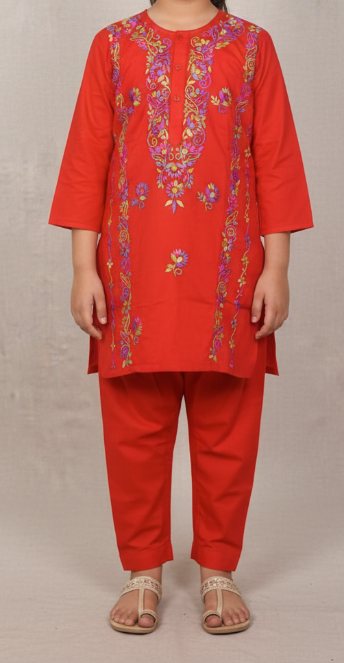 Girls' Festive Red Embroidered Kurta Shalwar Set | Vibrant Floral Thread Work Traditional Suit | Cotton Ethnic Wear for Kids | Festivals/Eid Outfit (1035)