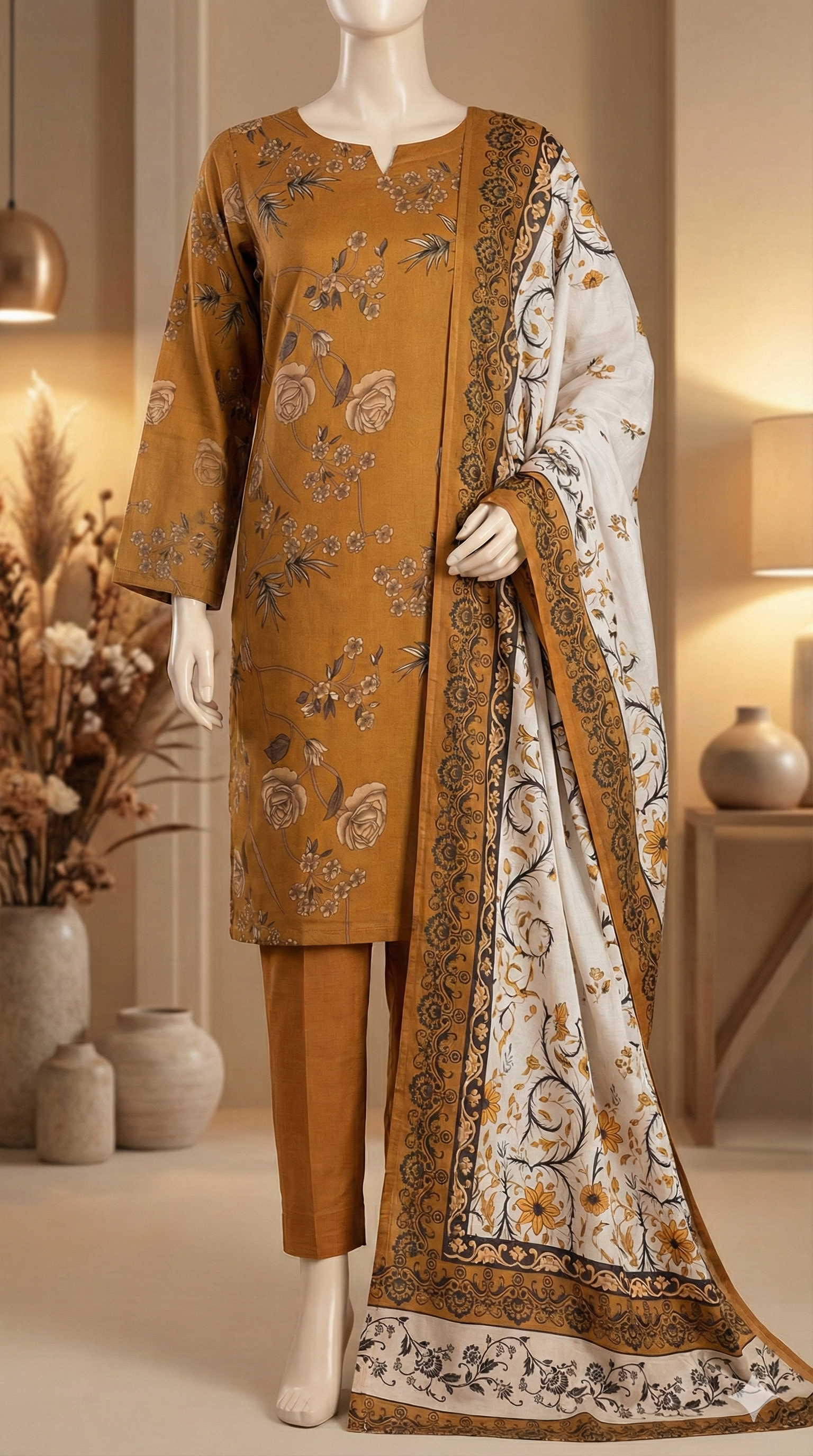 3-Piece Unstitched Printed Lawn Suit - Mustard Flora (LPU 5050)