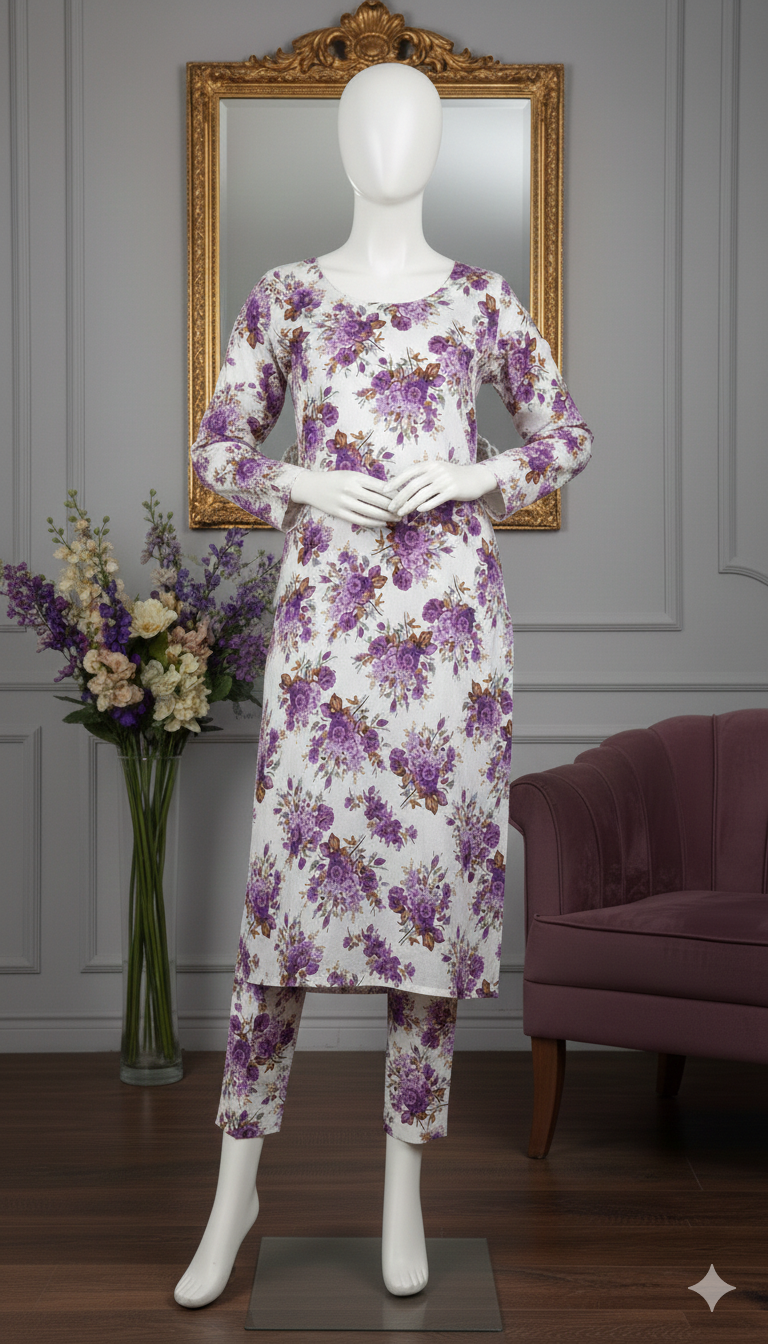 Botanical & Floral Print 2-Piece Co-ord Set | Premium Lawn Long Tunic & Trousers (PCU 5022)